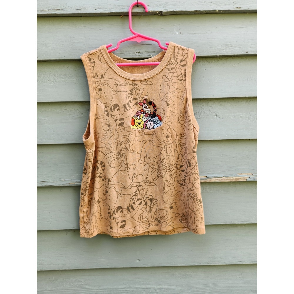Vintage Y2K Disney Winnie the Pooh Tank Top Tan All Over Print‎ Cropped Small